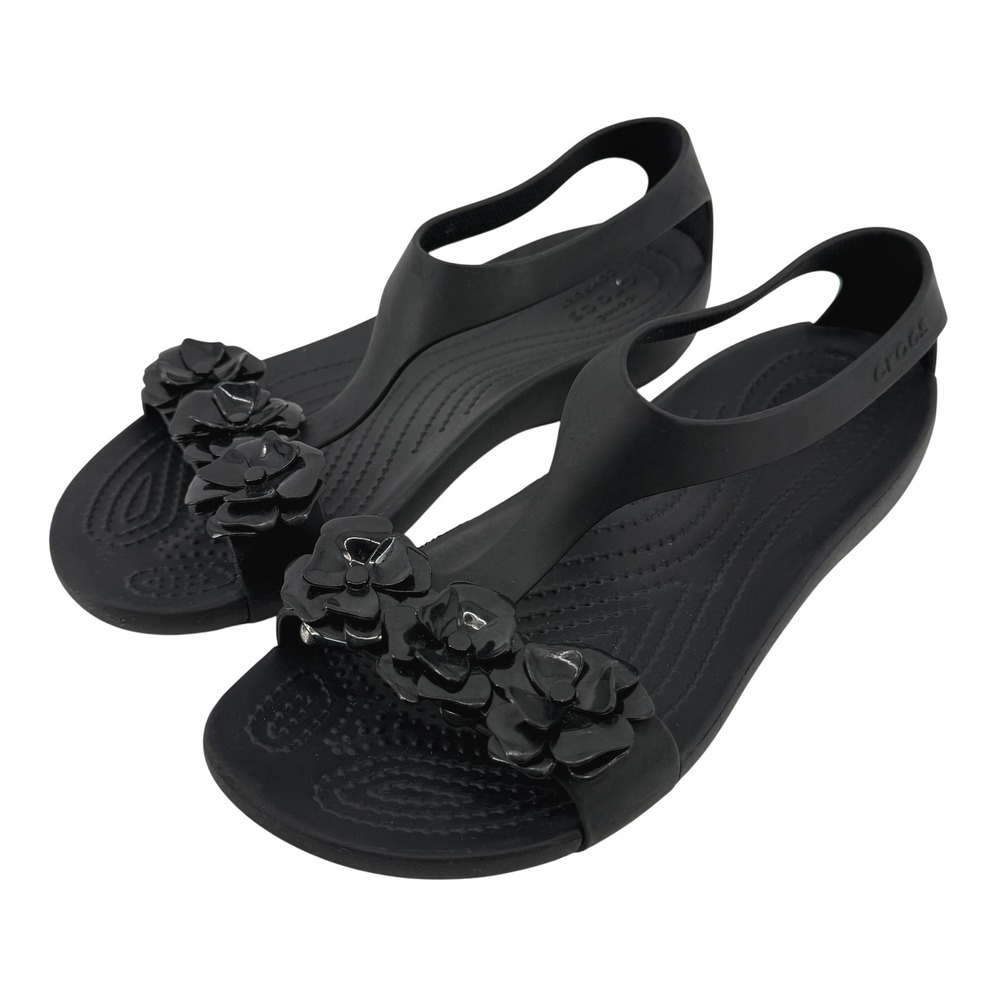 Crocs Serena Floral T-Strap Open Toe Flip Sandal Black Women 6 Slingback Casual